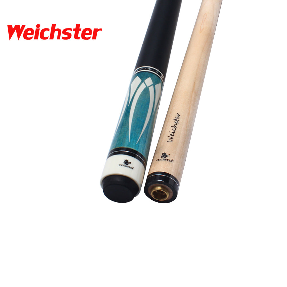 Weichster 58" 1/2 Billiard Pool Cue Stick Grey Maple with White Blue Decal Design Leather Wrap Handle 13mm Tip with Glove