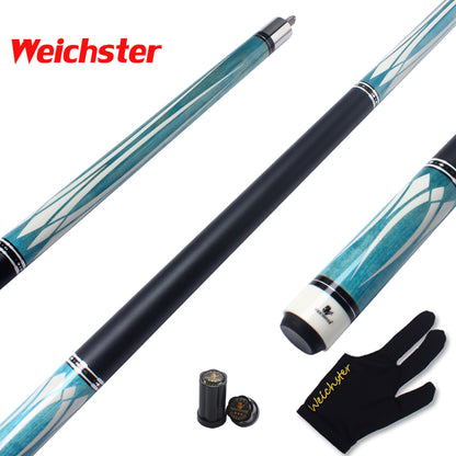Weichster 58" 1/2 Billiard Pool Cue Stick Grey Maple with White Blue Decal Design Leather Wrap Handle 13mm Tip with Glove