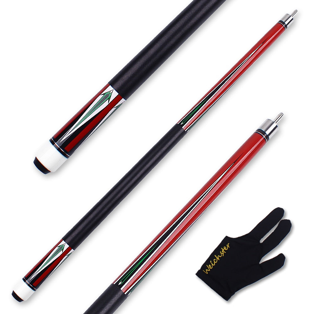 Weichster fast joints PU grip 1/2  Stick Maple Wood 57" red green Billiard Pool Cue with Glove